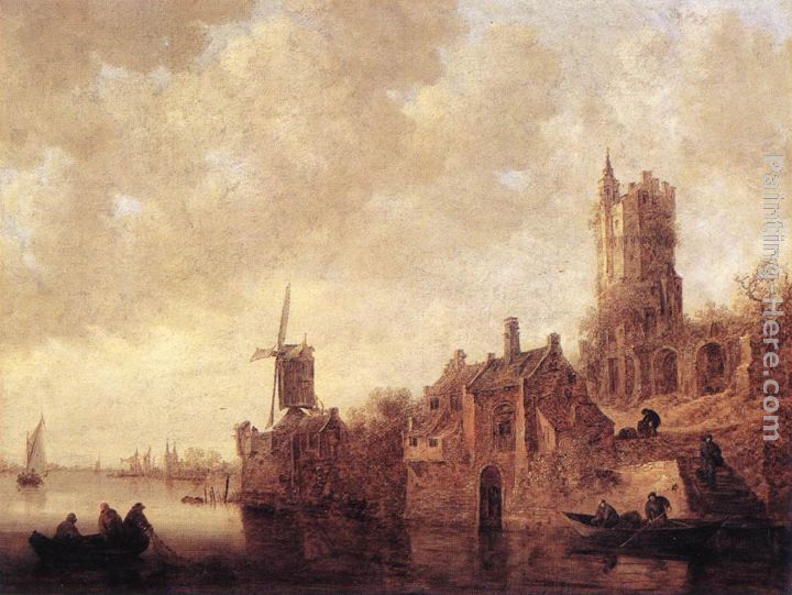 River Landscape with a Windmill and a Ruined Castle painting - Jan van Goyen River Landscape with a Windmill and a Ruined Castle art painting